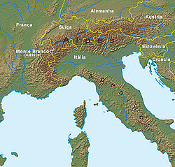Mapa dos Alpes com o Monte Branco em destaque.