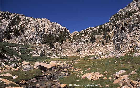 11º dia - 24/08 - O Passo Selden (face sul) - a 3.322 metros de altitude e o 4º no sentido norte-sul da JMT - é o ponto mais baixo da enorme parede rochosa - Floresta Nacional Sierra/John Muir Wilderness.